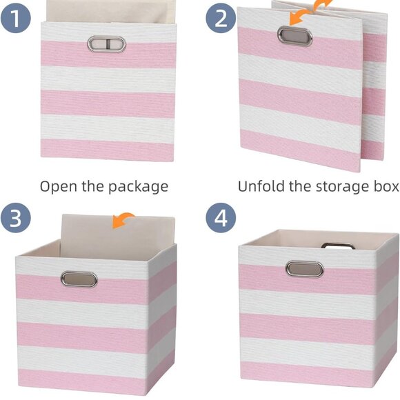 Storage Cube Bins | Set of 4 | Pink & White Stripe | Foldable Fabric Organizers - Picture 2 of 3